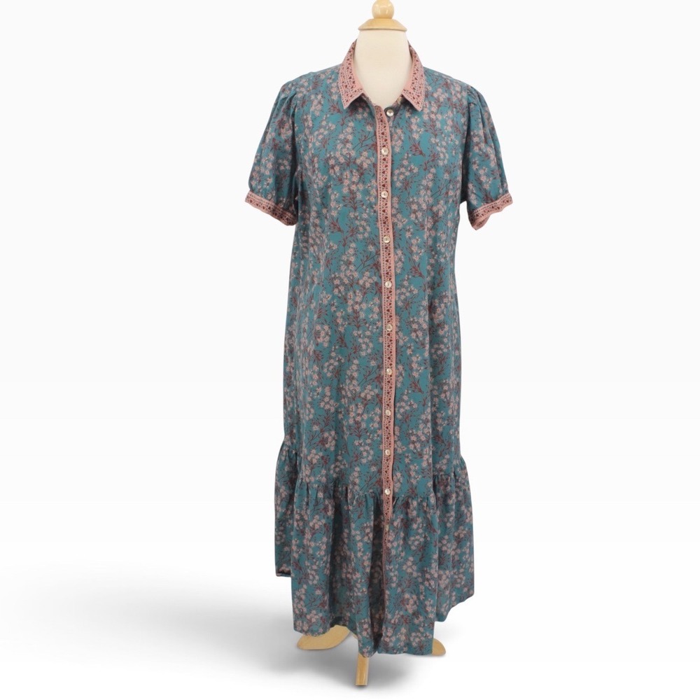 Wrap London Midi Dress size 16 Teal Pink Floral Cotton Short Sleeve Button Front